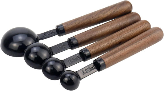Set of 4 Stainless Steel Measuring Spoons with Wooden Handle, Black