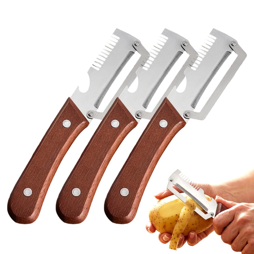 Premium Vegetable Peeler with Wooden Handle and Bottle Opener, Multi-Functional Vegetable Peeler for Kitchen, Kitchen Gadgets Tool for Fruit Pumpkin Peeling Potato Carrot Veggie Peeler (2)