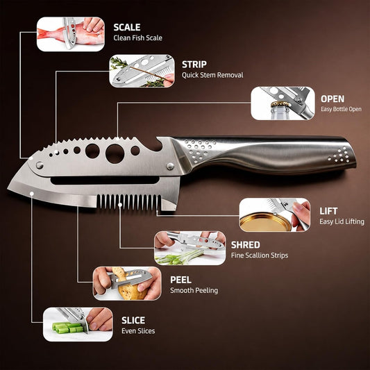 7 in 1 All Stainless Steel Multi Functional Vegetable Peeler for Kitchen, Smooth Potato Peeler with Herb Stripper, Scallion Shredder, Fish Scaler, Bottle Opner