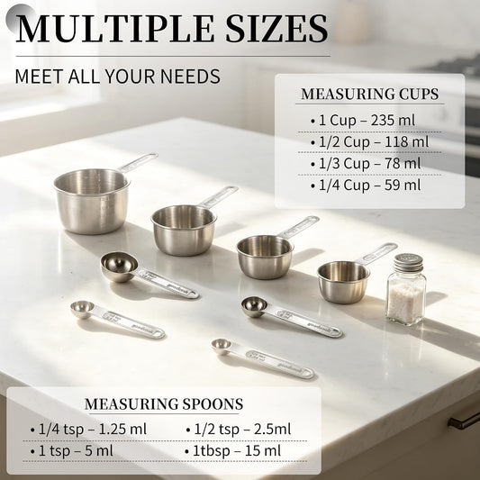 YC Kitchen Measuring Cups and Spoons Set, 8-Piece, Stainless Steel