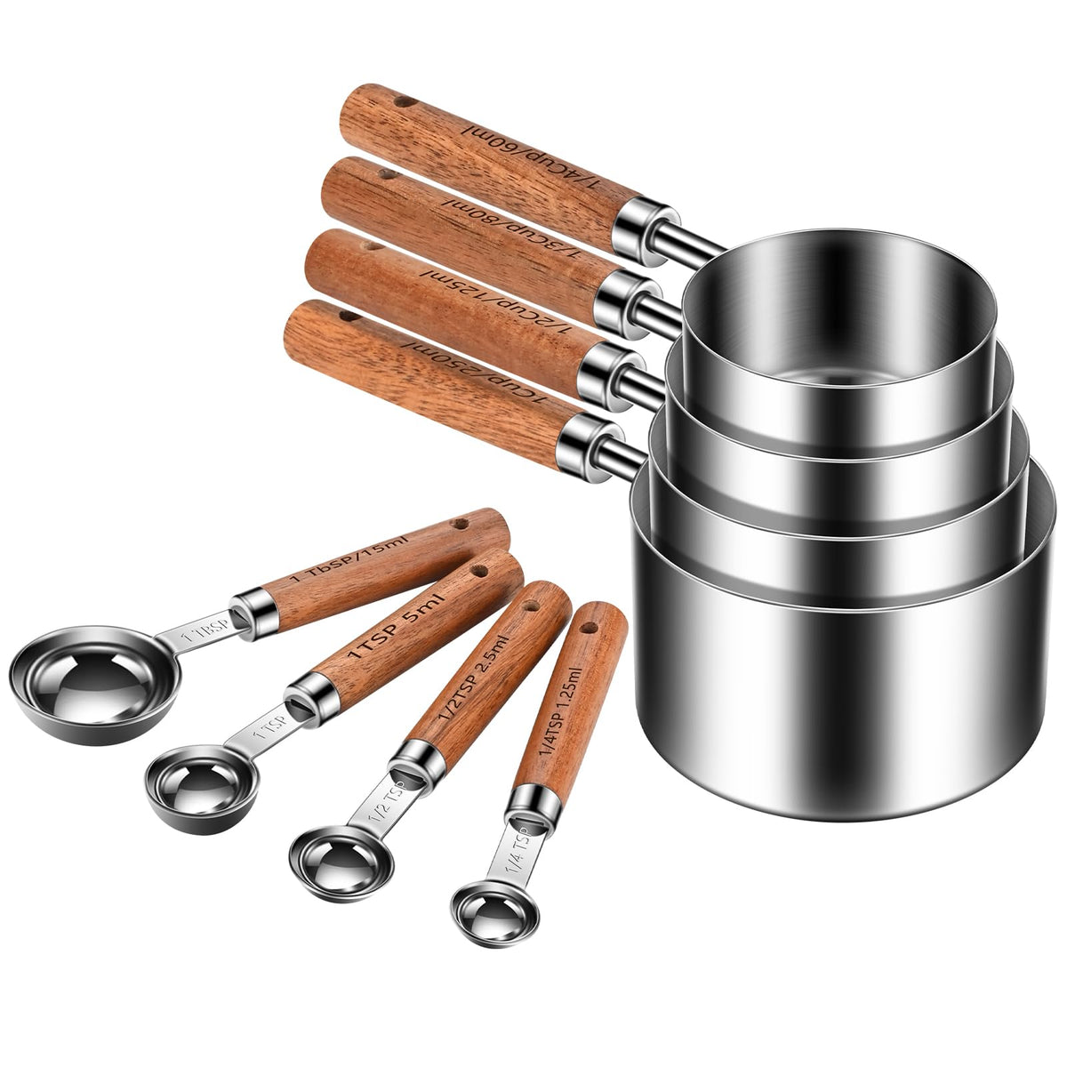 Wooden Handle Measuring Cups & Spoons Set 8-Piece – Stainless Steel, Stackable, Rustic Farmhouse Kitchen Gadgets, Non-Toxic, Dishwasher Safe, Gift for Bakers & New Homeowners