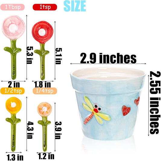 Coloch 5Pcs Ceramic Measuring Spoons and Cup, Flower Baking Scale Spoons with Base Set for Dry and Liquid Ingredient, 1/4 tsp, 1/2 tsp, 1 tsp, 1 Tbsp