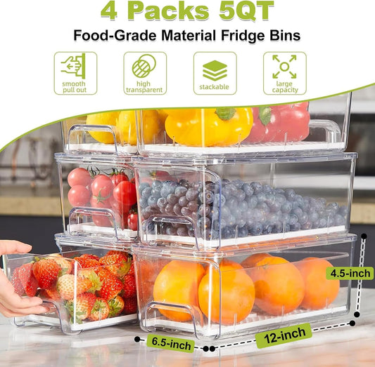 4-Pack Refrigerator Drawer Organizer Bins, Clear Stackable Pull Out Fridge Organizers and Storage Container, with Strainer Layer for Fruits, Vegetables, Drinks, Snack and Food