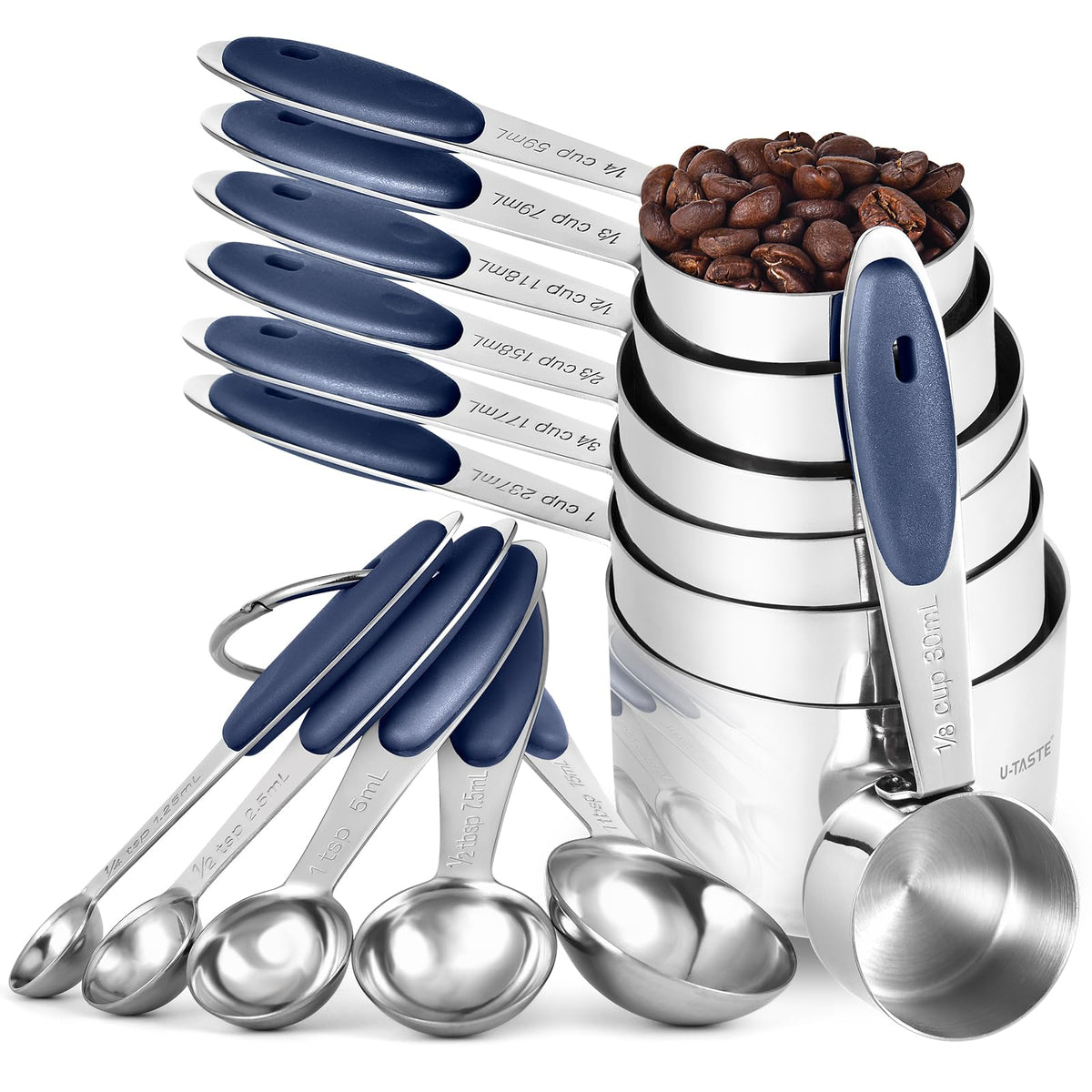 U-Taste Measuring Cups Spoons Set, 18/8 Stainless Steel, 12Pc/Midnight Blue