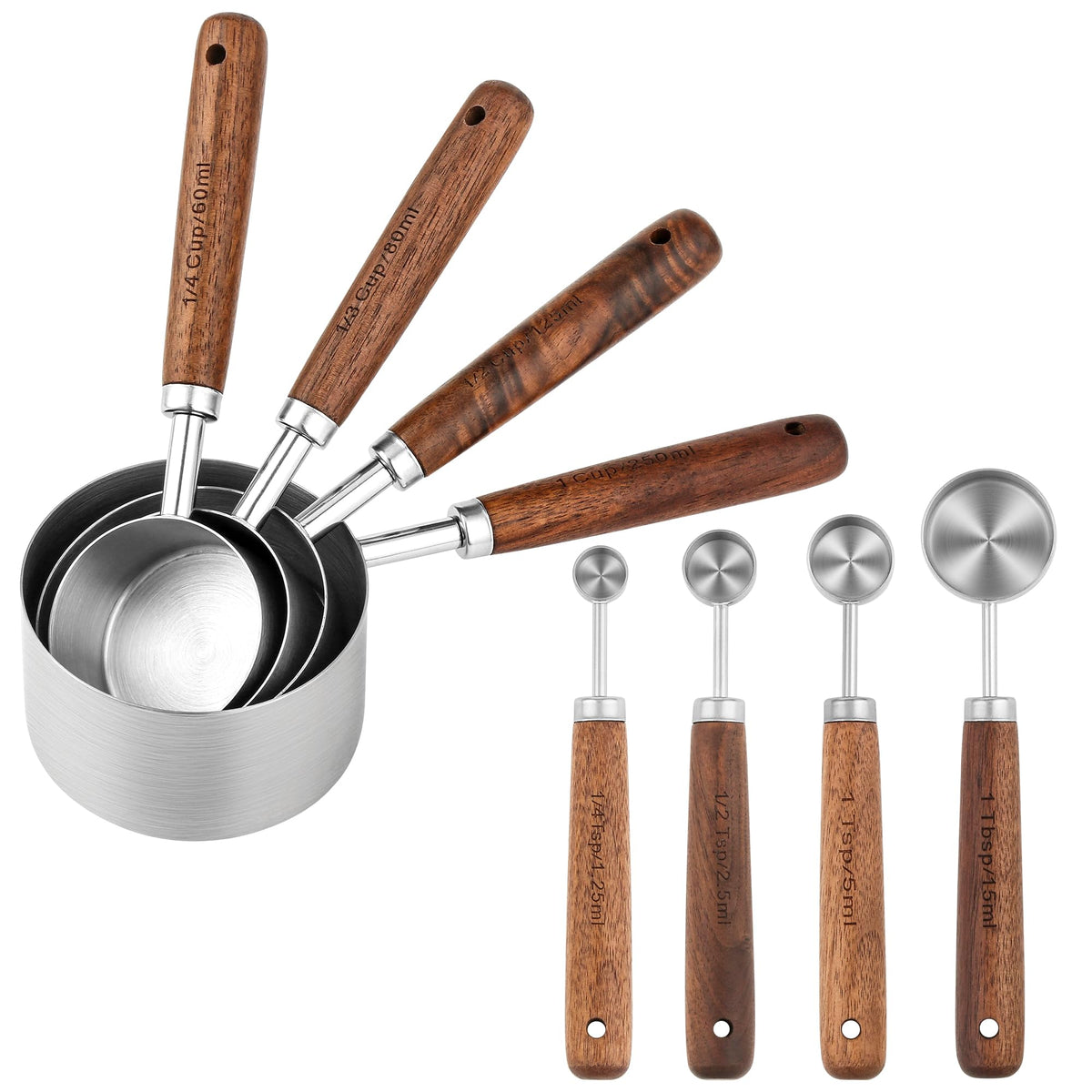 Copper Measuring Cups & Spoons Set 8, Stainless Steel Measuring Cups and Spoons Set for Baking and Kitchen, Metric & US Metal Measure Cup & Spoon with Wood Handle for Dry & Liquid