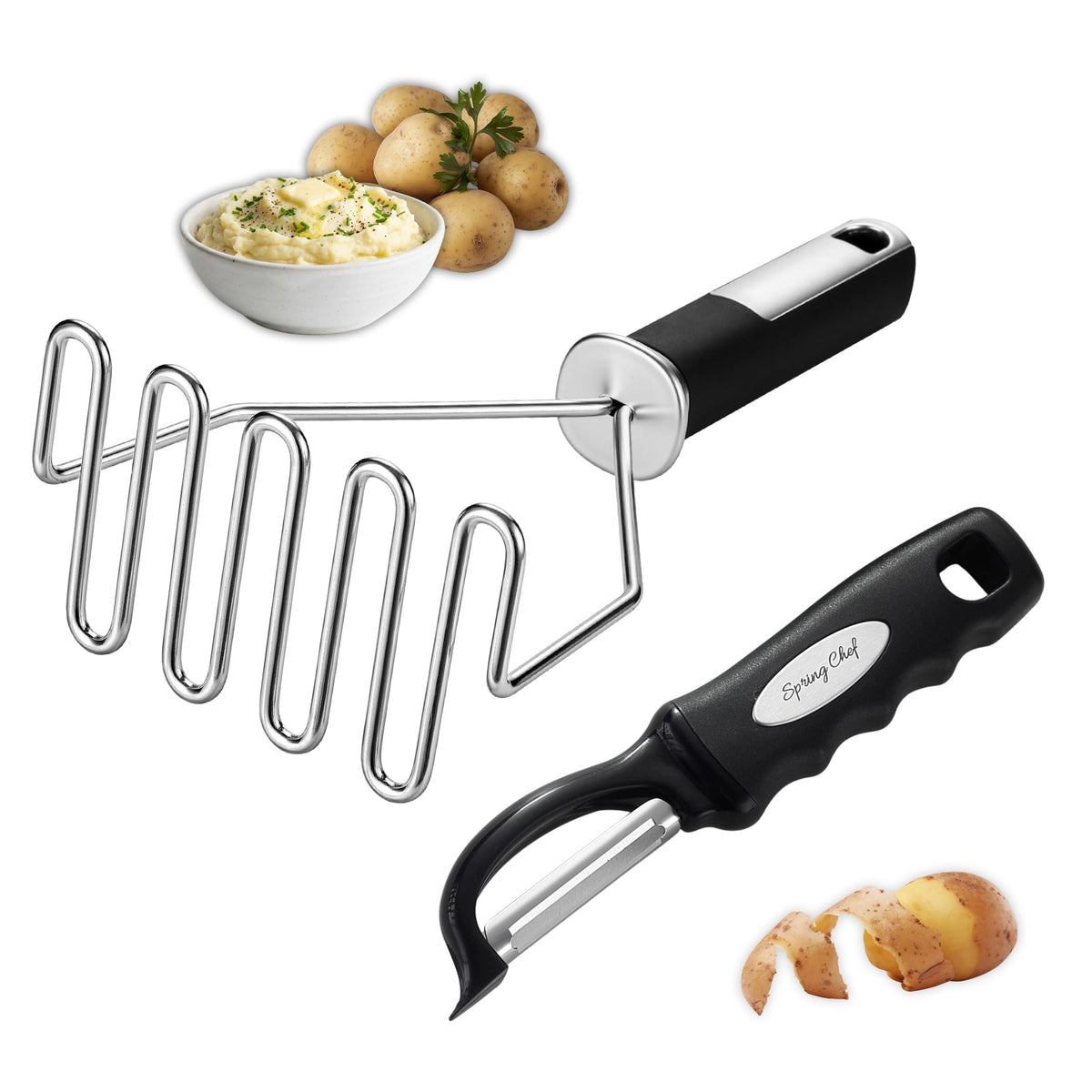 Spring Chef Stainless Steel Potato Masher & Durable Vegetable Peeler Set