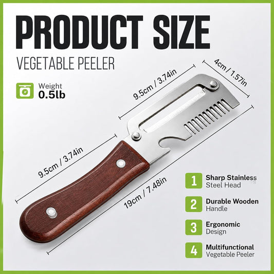 3-in-1 Vegetable Peeler with Scallion Shredder & Bottle Opener, Professional Stainless Steel Potato Peeler with Ergonomic Wood Handle, Rust-Resistant & Heavy Duty Kitchen Tool (2)