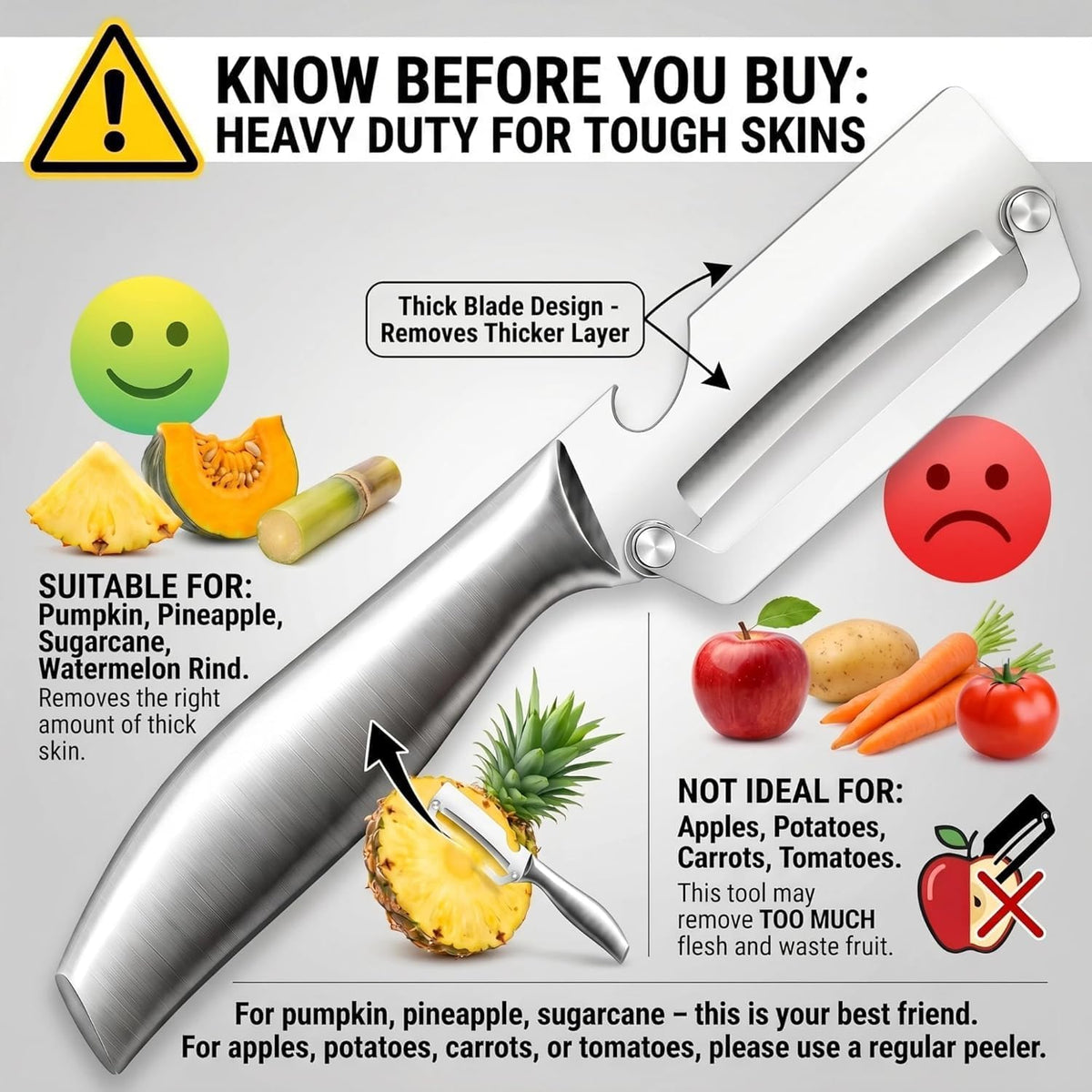 Heavy Duty Vegetable Peeler – Ultra Sharp ZeroFlex Thick Blade, Anti-Clog Wide Arched Edge for Pumpkin, Sugarcane, Pineapple – Metal Handle, Non-Slip Grip for Home, Camping, Thanksgiving
