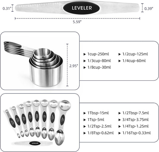 Magnetic Measuring Cups and Spoons Set, Stainless Steel, 14 Pcs