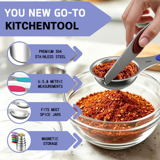 Stainless Steel Magnetic Measuring Cups and Spoons Set, 5 Nesting Magnetic Measuring Cup, 7 Magnetic Measuring Spoons, 1 Leveler for Liquid & Dry
