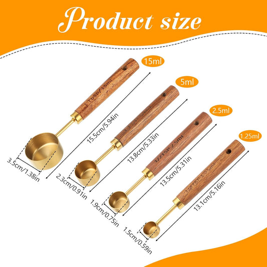 Gold Measuring Spoons Set of 4, Stainless Steel Coffee Measuring Scoop with Wooden Handles Teaspoon Measuring Cups for Coffee Tea Spices Cooking Baking
