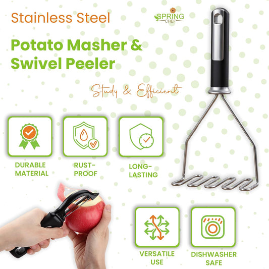 Spring Chef Stainless Steel Potato Masher & Durable Vegetable Peeler Set