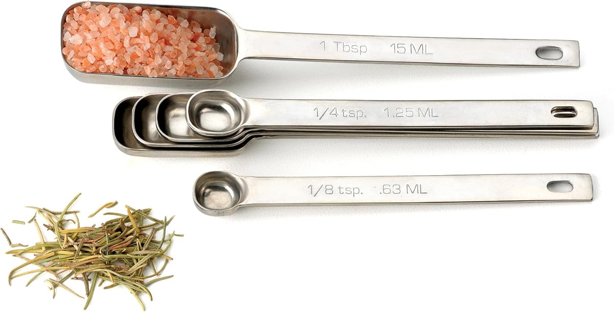 RSVP International Endurance Stainless Steel Spice Measuring Spoons, Set of 6 | 1/8 tsp to 1 Tbsp Measurements | Nest for Easy Storage | Dishwasher Safe | Dry or Liquid | Baking or Cooking