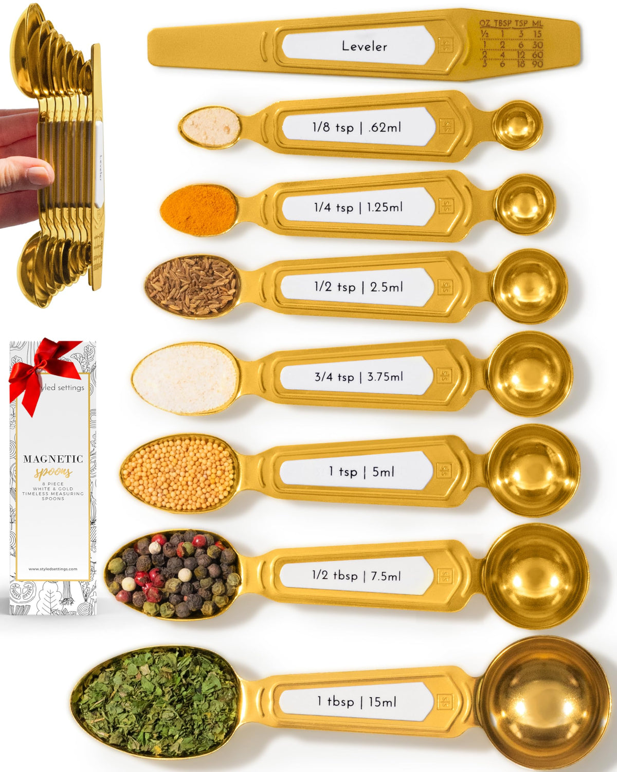 Gold Magnetic Measuring Spoons with Leveler - Featuring 8-Piece Upgraded Style, Dual-Sided, Stackable, Stainless Steel Gold Measuring Spoons Set - Fits in Spice Jars, Luxury Kitchen Accessories