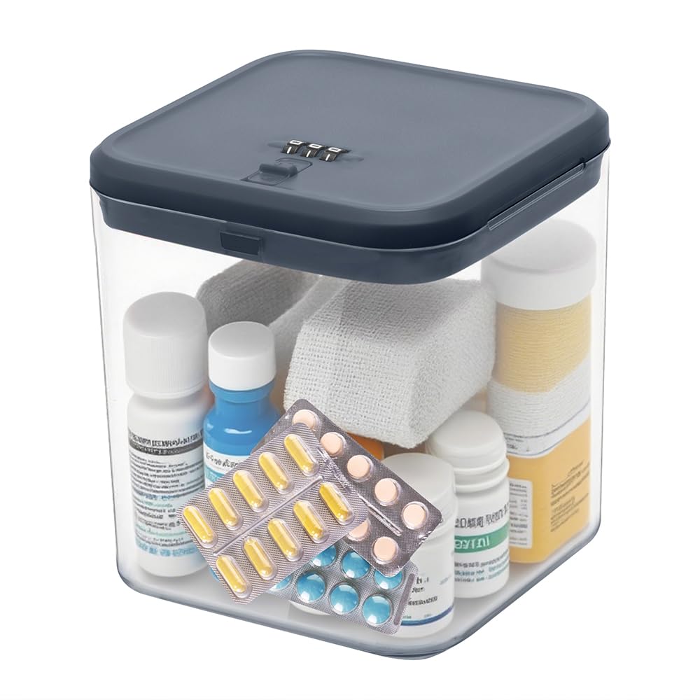 Lockable Storage Box,Medicine Lock Box Travel Case,Refrigerator Bin Container for Food,Medicines,Snacks,Locking Mobile Cell Phone Device Jail,Lockbox for Office,Home,School,Father Gift (Navy Small)