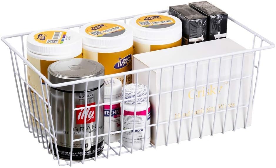 SANNO Freezer Baskets Wire Farmhouse Large Organizer Storage Bins Rack for Storage, Office, Bathroom, Pantry Organization with Handles-Set of 2, 15.7"