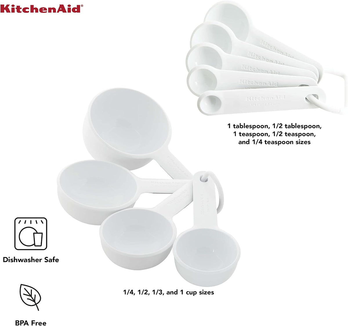 KitchenAid Universal Easy To Read Measuring Cup and Spoon Set with Soft Grip Handle for Maximum Control, Hang Hole and Nesting For Easy Storage, Dishwasher Safe, 9 Piece, White