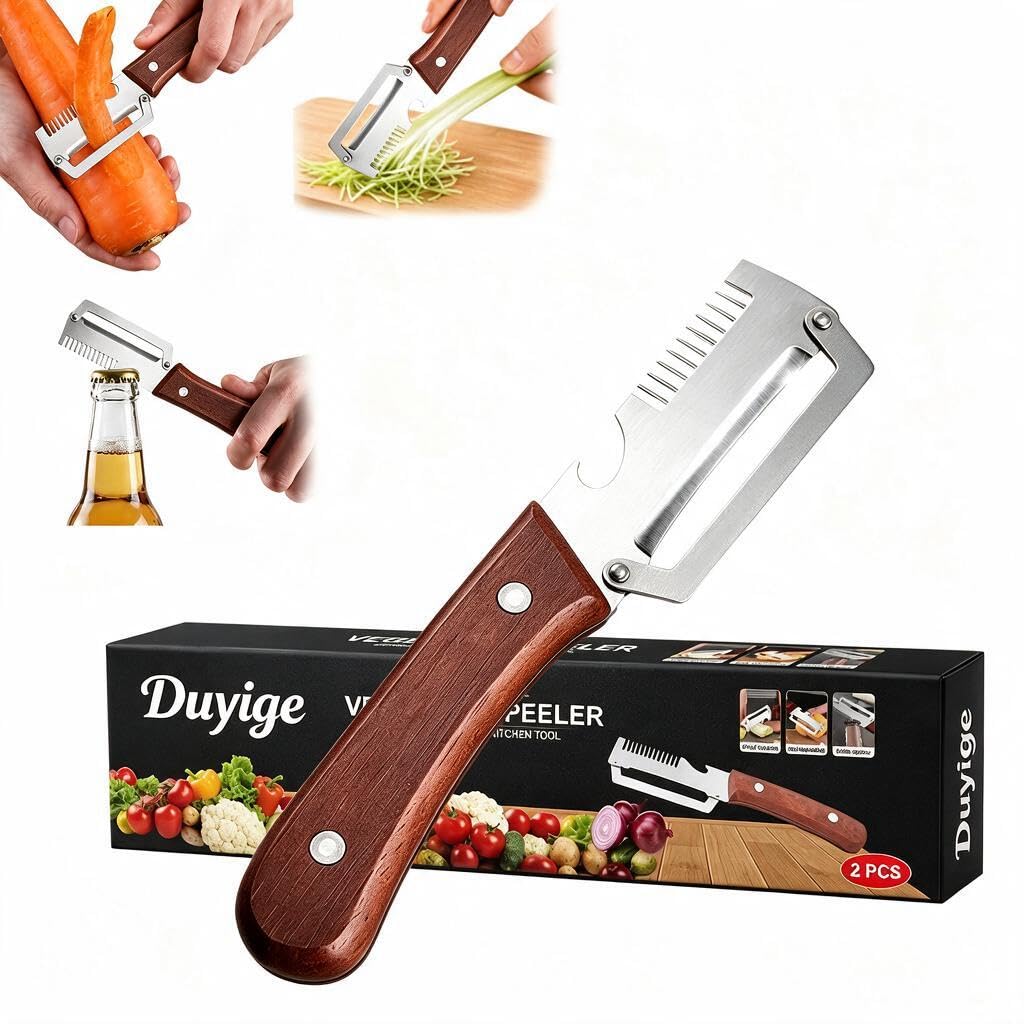 3-in-1 Vegetable Peeler with Scallion Shredder & Bottle Opener, Professional Stainless Steel Potato Peeler with Ergonomic Wood Handle, Rust-Resistant & Heavy Duty Kitchen Tool (2)