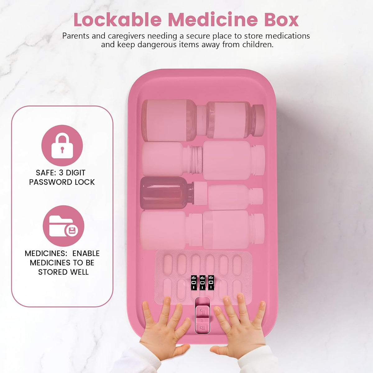 Small Lock Box,Lockable Storage Box with Combination Code for Medication Safe, Medicine Lock Box for Pills/First Aid Kits/Food/Snack Phone Jail,Locked Container for Home/Fridge/Office (Pink)