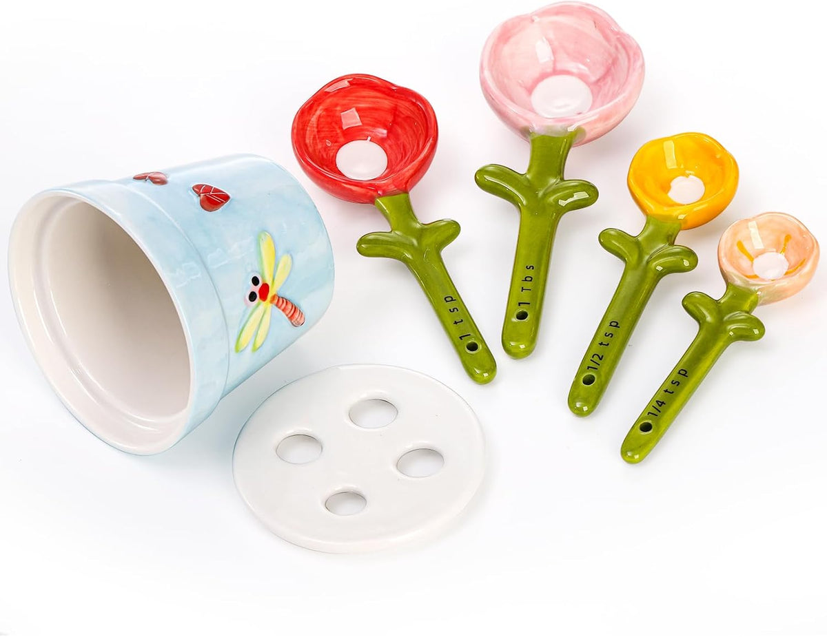 Coloch 5Pcs Ceramic Measuring Spoons and Cup, Flower Baking Scale Spoons with Base Set for Dry and Liquid Ingredient, 1/4 tsp, 1/2 tsp, 1 tsp, 1 Tbsp