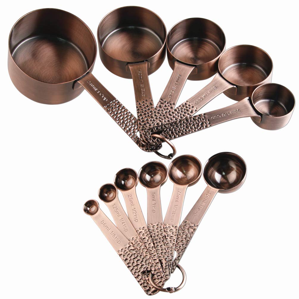 Copper Measuring Cups and Spoons Set, Metric & US Stainless Steel 5 Measuring Cups and 6 Measuring Spoons for Baking & Kitchen