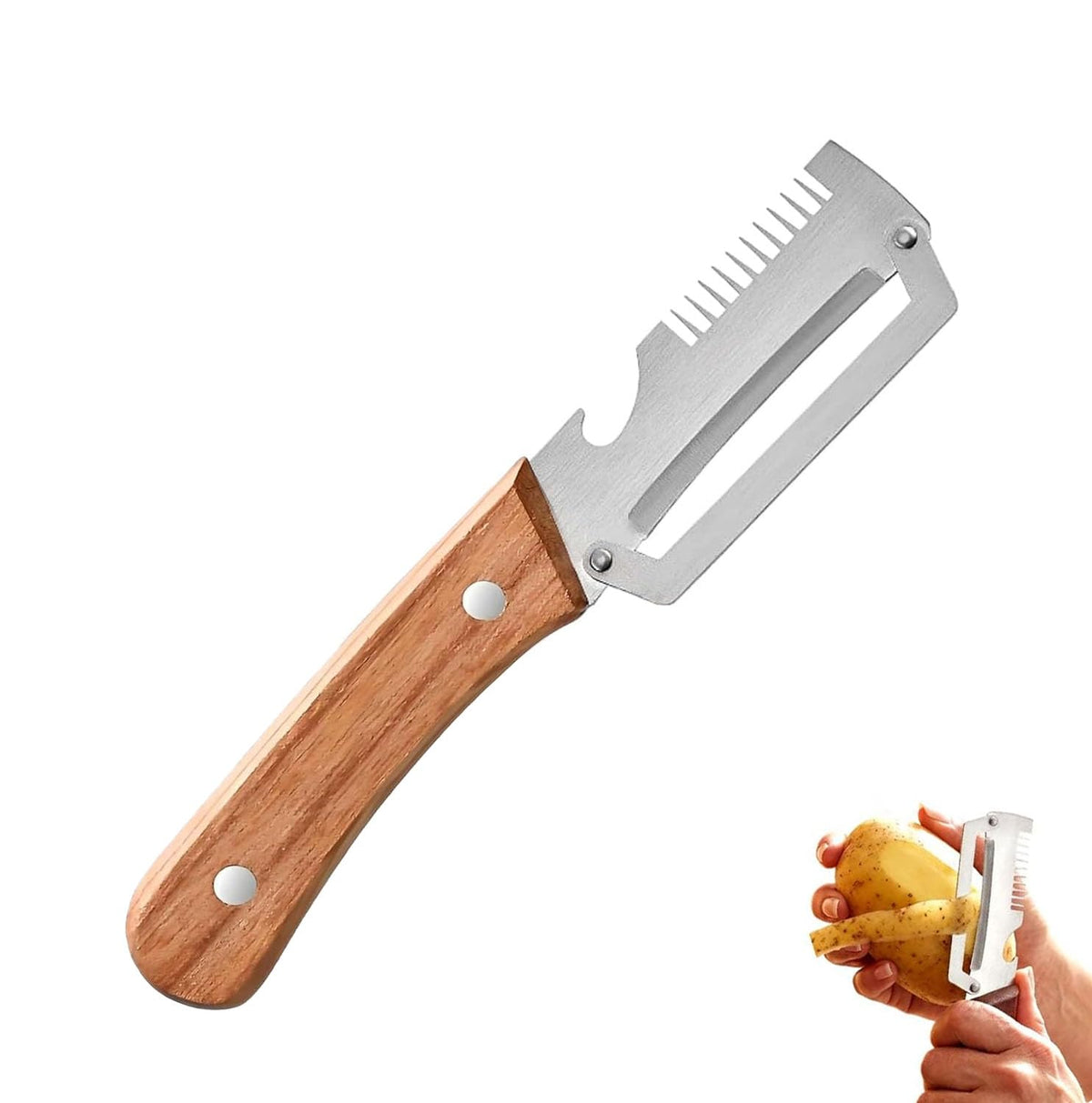 2 Pack Multi-Functional Vegetable Peeler, 3 in 1 Multi Functional Wooden Handle Peeler and Bottle Opener, Kitchen Gadgets Tool for Fruit Pumpkin Peeling Potato Carrot Veggie Peeler