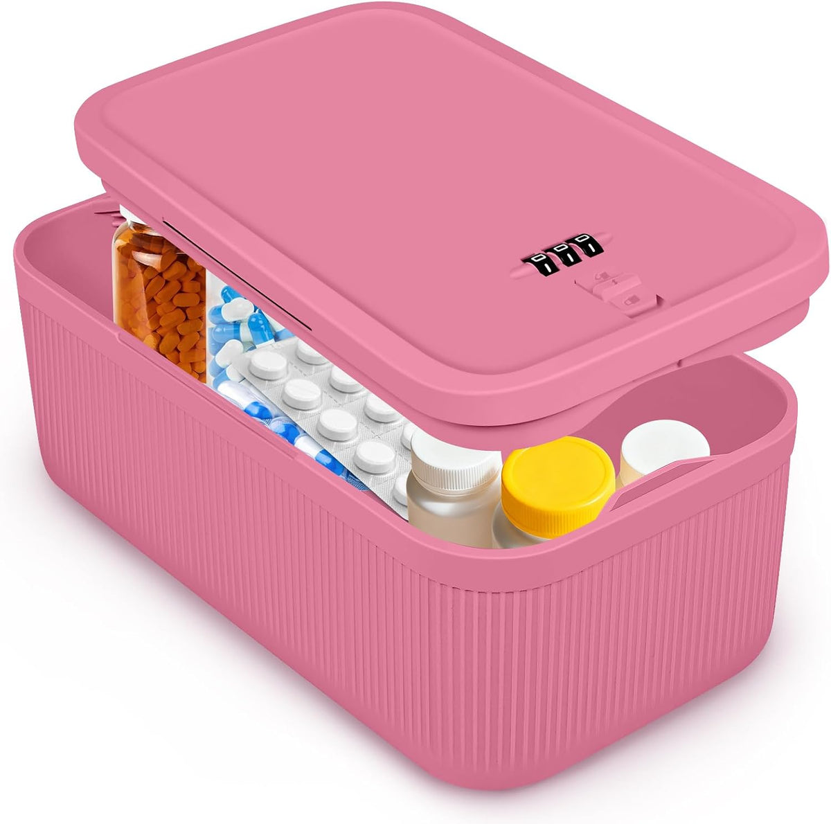 Small Lock Box,Lockable Storage Box with Combination Code for Medication Safe, Medicine Lock Box for Pills/First Aid Kits/Food/Snack Phone Jail,Locked Container for Home/Fridge/Office (Pink)