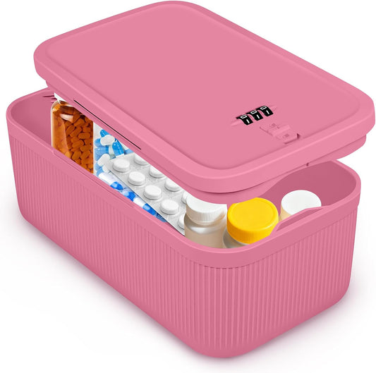 Small Lock Box,Lockable Storage Box with Combination Code for Medication Safe, Medicine Lock Box for Pills/First Aid Kits/Food/Snack Phone Jail,Locked Container for Home/Fridge/Office (Pink)