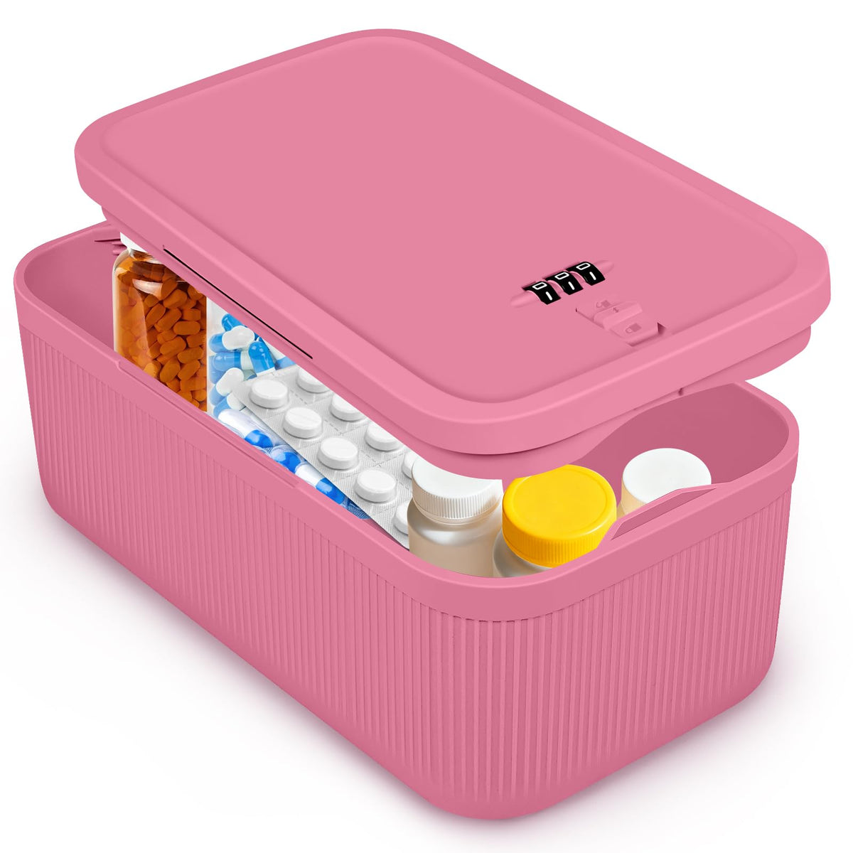 Small Lock Box,Lockable Storage Box with Combination Code for Medication Safe, Medicine Lock Box for Pills/First Aid Kits/Food/Snack Phone Jail,Locked Container for Home/Fridge/Office (Pink)