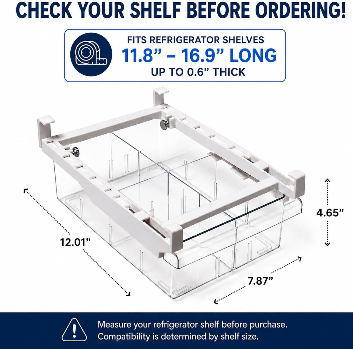 BINO | Pull-out Fridge Organizer | THE HANGER COLLECTION | Fridge Drawer Organizer with 2 Dividers | Clear Pantry Drawer Organizers | Shelf Holder Storage Drawers for Fruits, Veggies & Drinks