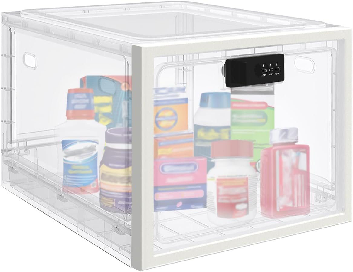 Medicine Lock Box for Safe Medication, 10L Lockable Storage Box for Fridge/Snacks Food, Phone Lock Boxes with Combination Code for Home/Dorms/Office Storage (1, Translucent White)