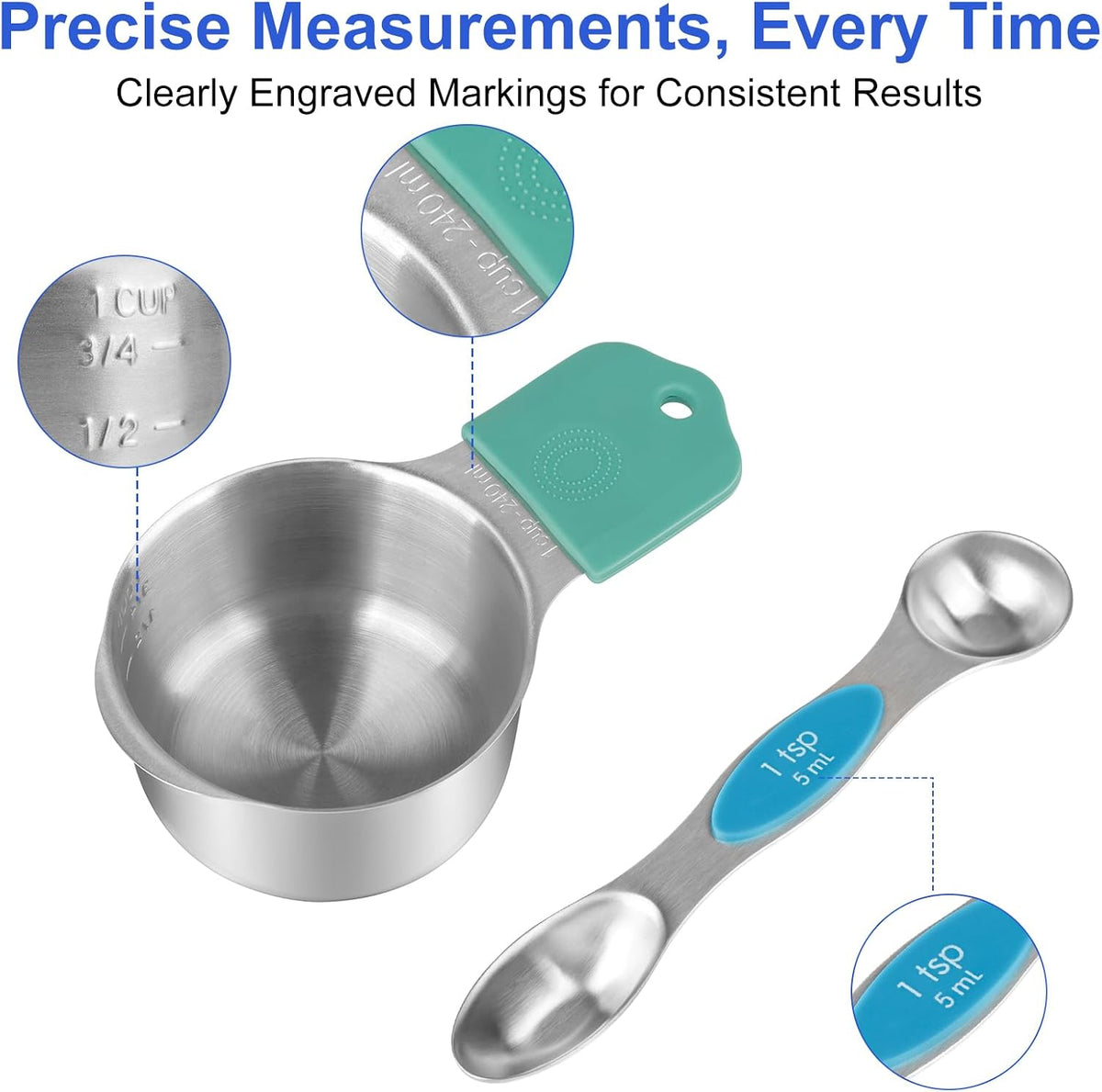 Magnetic Measuring Cups and Spoons Set-Heavy Duty 304 Stainless Steel Cups