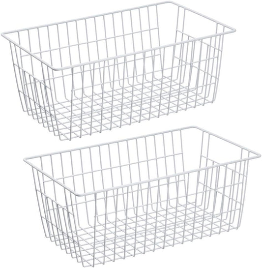 SANNO Freezer Baskets Wire Farmhouse Large Organizer Storage Bins Rack for Storage, Office, Bathroom, Pantry Organization with Handles-Set of 2, 15.7"