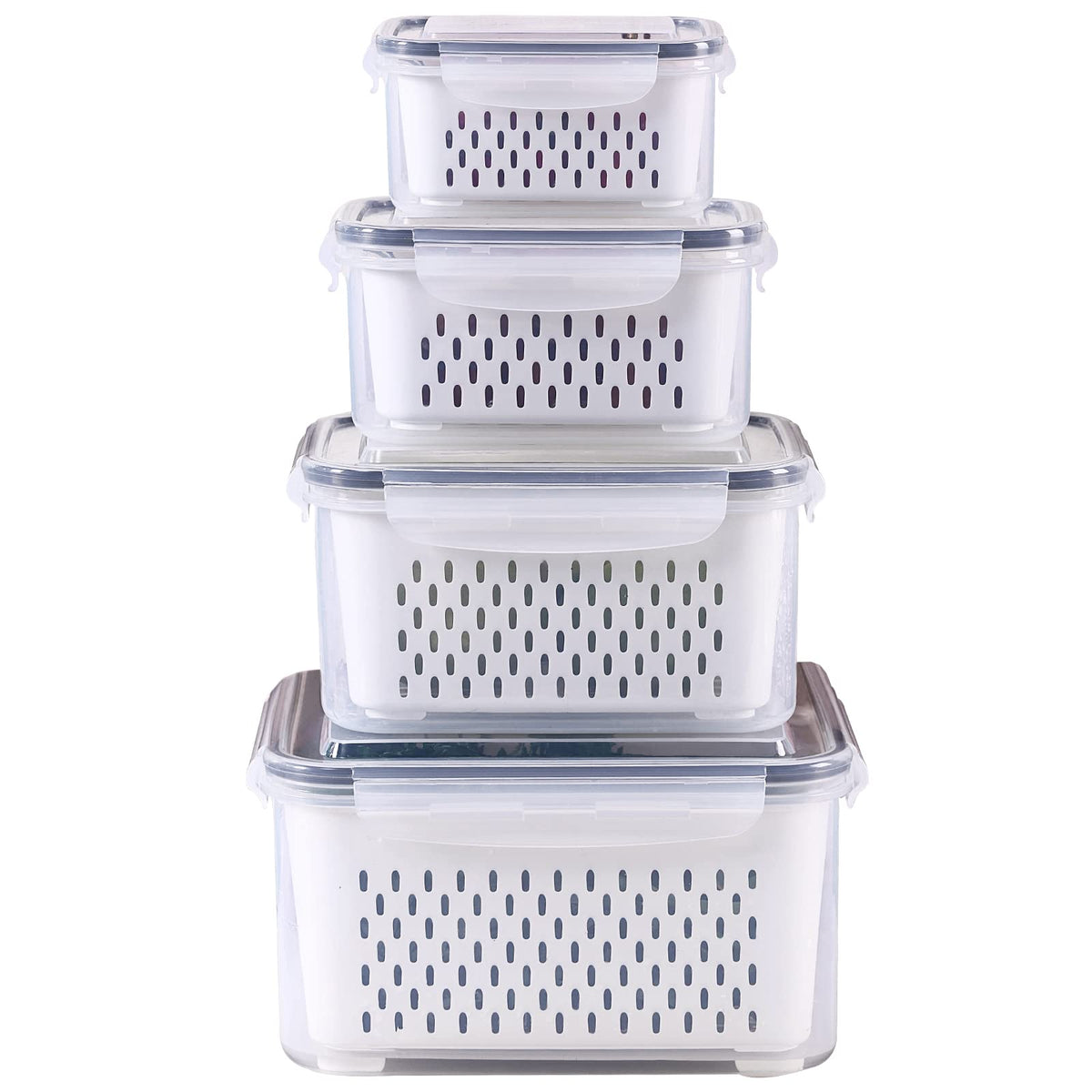 3Pack Fridge Food Storage Container Set with Lids with Strainer,Plastic Fresh Produce Saver Vegetable Fruit Meat Storage Organization, BPA-Free Plastic Produce Keepers(3.15L+1.7L+0.8L)