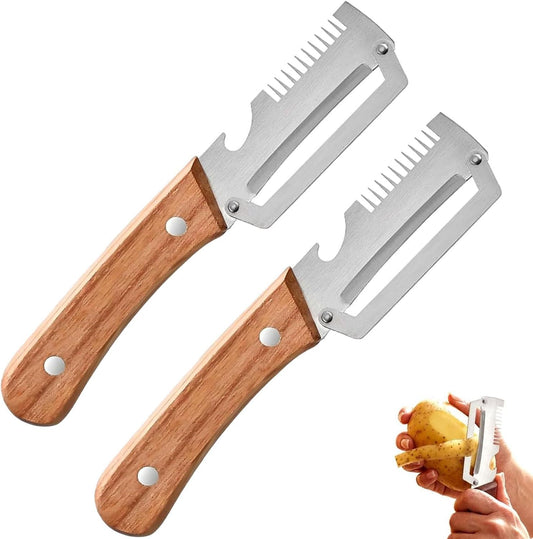 2 Pack Multi-Functional Vegetable Peeler, 3 in 1 Multi Functional Wooden Handle Peeler and Bottle Opener, Kitchen Gadgets Tool for Fruit Pumpkin Peeling Potato Carrot Veggie Peeler