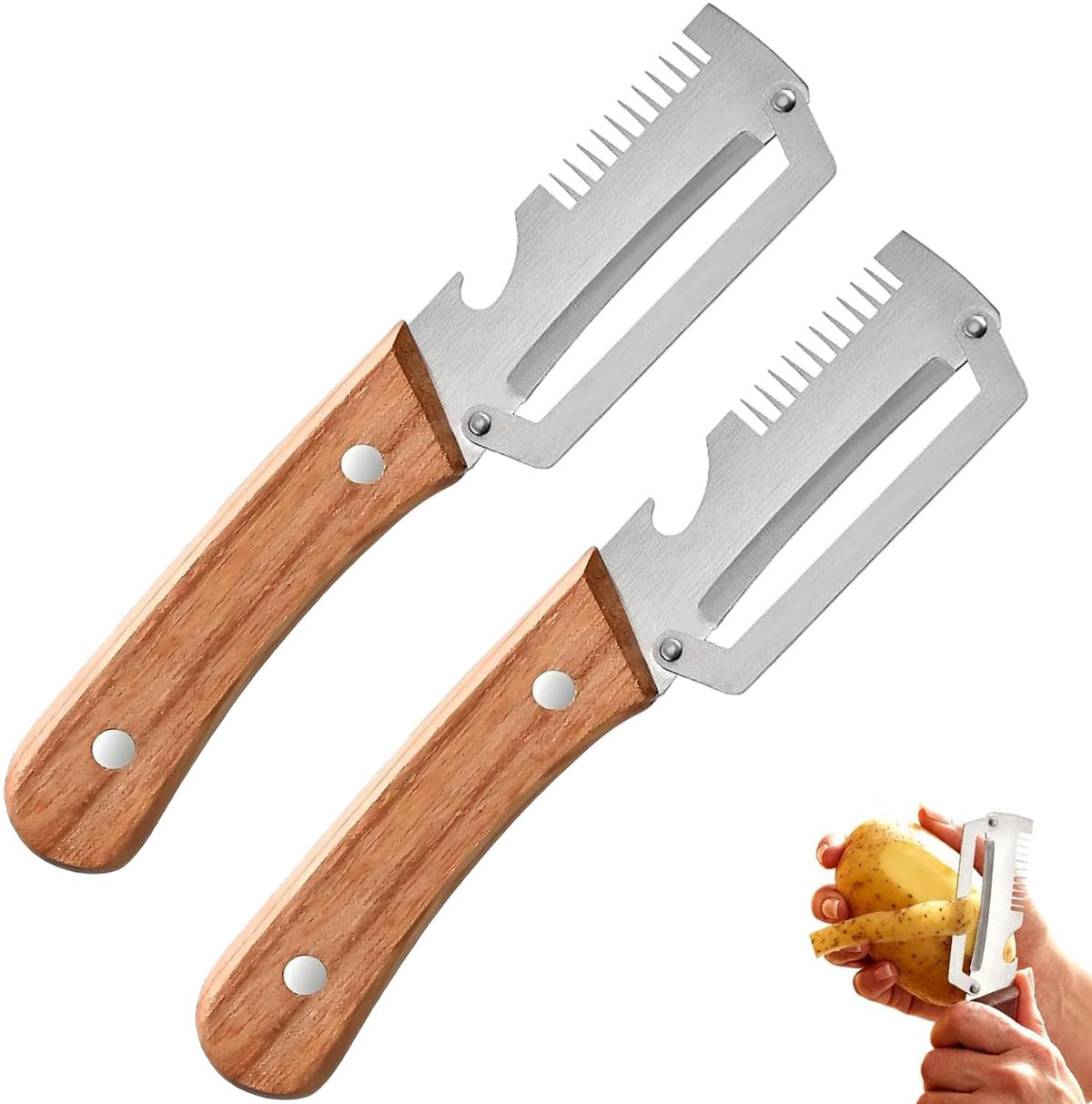 2 Pack Multi-Functional Vegetable Peeler, 3 in 1 Multi Functional Wooden Handle Peeler and Bottle Opener, Kitchen Gadgets Tool for Fruit Pumpkin Peeling Potato Carrot Veggie Peeler