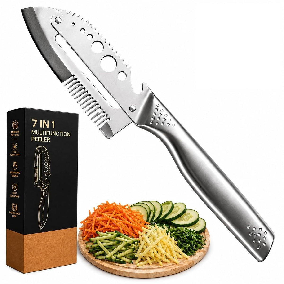 7 in 1 All Stainless Steel Multi Functional Vegetable Peeler for Kitchen, Smooth Potato Peeler with Herb Stripper, Scallion Shredder, Fish Scaler, Bottle Opner
