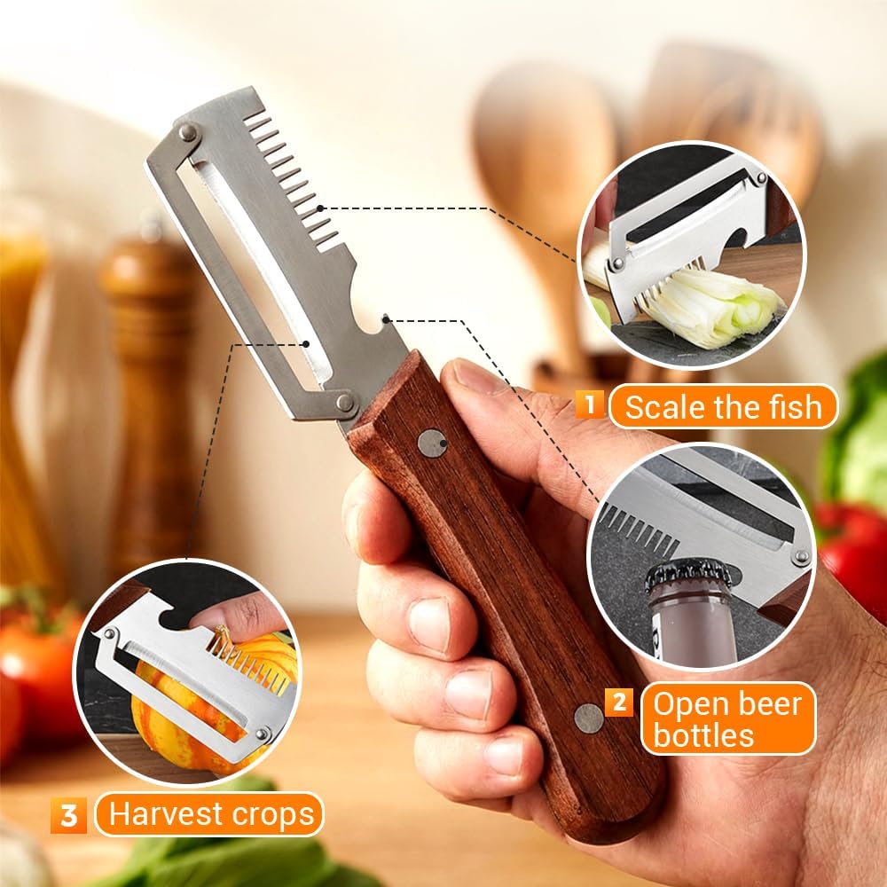 Premium Vegetable Peeler with Wooden Handle and Bottle Opener, 2026 Upgrade Multifunctional Vegetable Peeler for Kitchen, Multi-Functional Kitchen Gadgets Tool for Fruit Vegetables Potato (2)