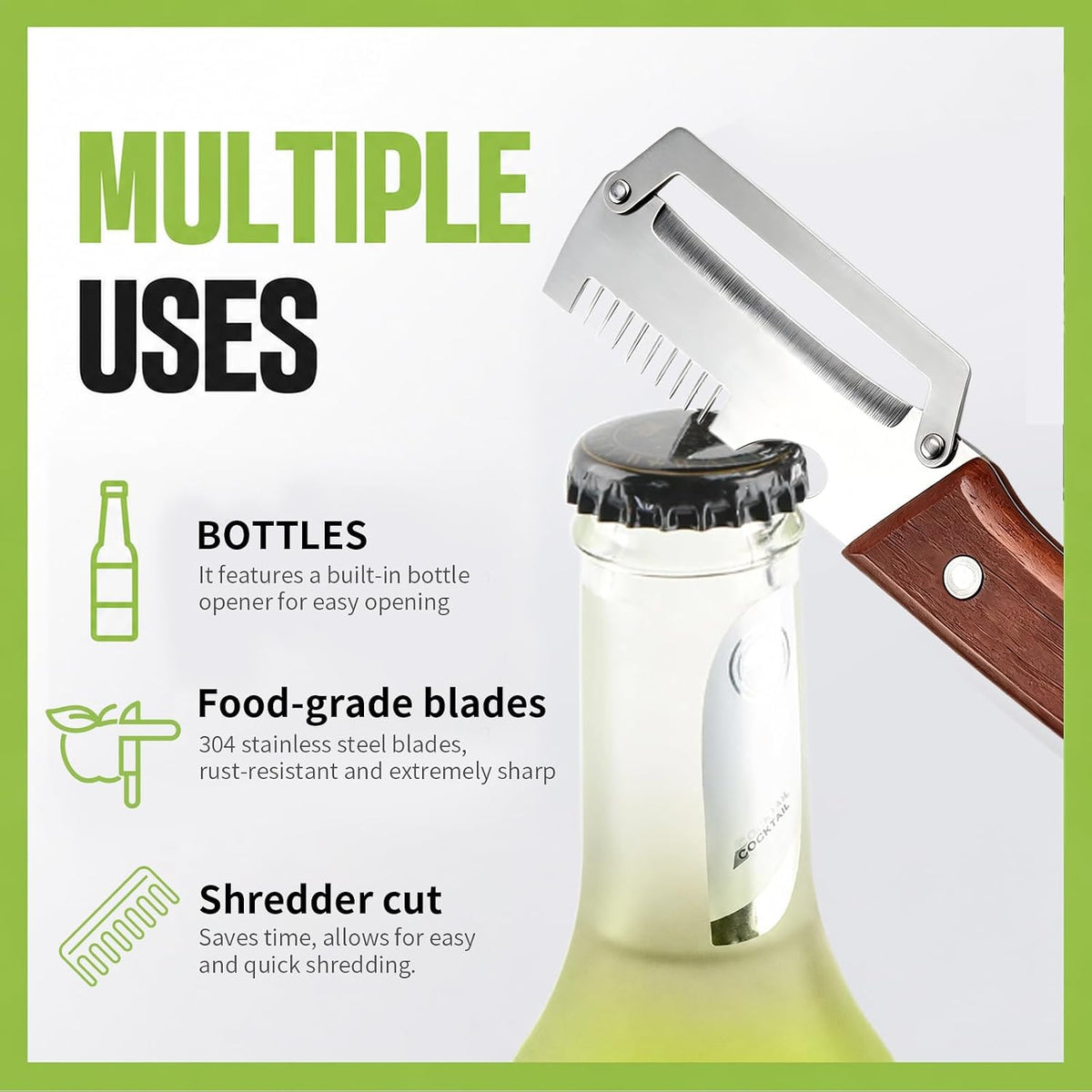 3-in-1 Vegetable Peeler with Scallion Shredder & Bottle Opener, Professional Stainless Steel Potato Peeler with Ergonomic Wood Handle, Rust-Resistant & Heavy Duty Kitchen Tool (2)