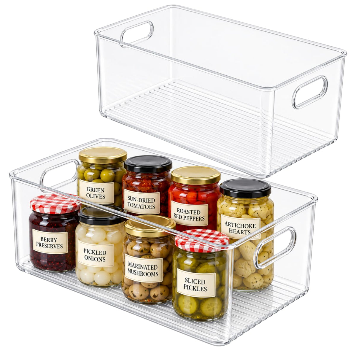 Plastic Food Storage 2 Pack Clear Container Bin with Handles for Organizing Kitchen, Pantry, Refrigerator, Freezer, Pantry, Cabinet, Closet, Bathroom. Stackable 10”x6”x3”