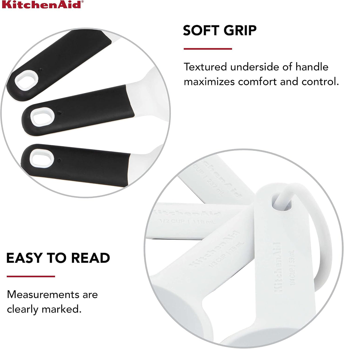 KitchenAid Universal Easy To Read Measuring Cup and Spoon Set with Soft Grip Handle for Maximum Control, Hang Hole and Nesting For Easy Storage, Dishwasher Safe, 9 Piece, White