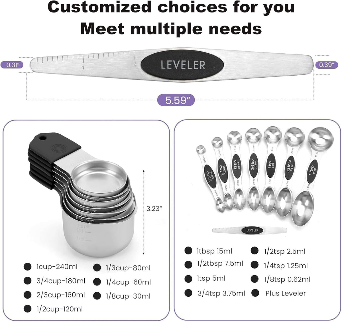 Magnetic Measuring Cups and Spoons Set, 304 Stainless Steel Fits