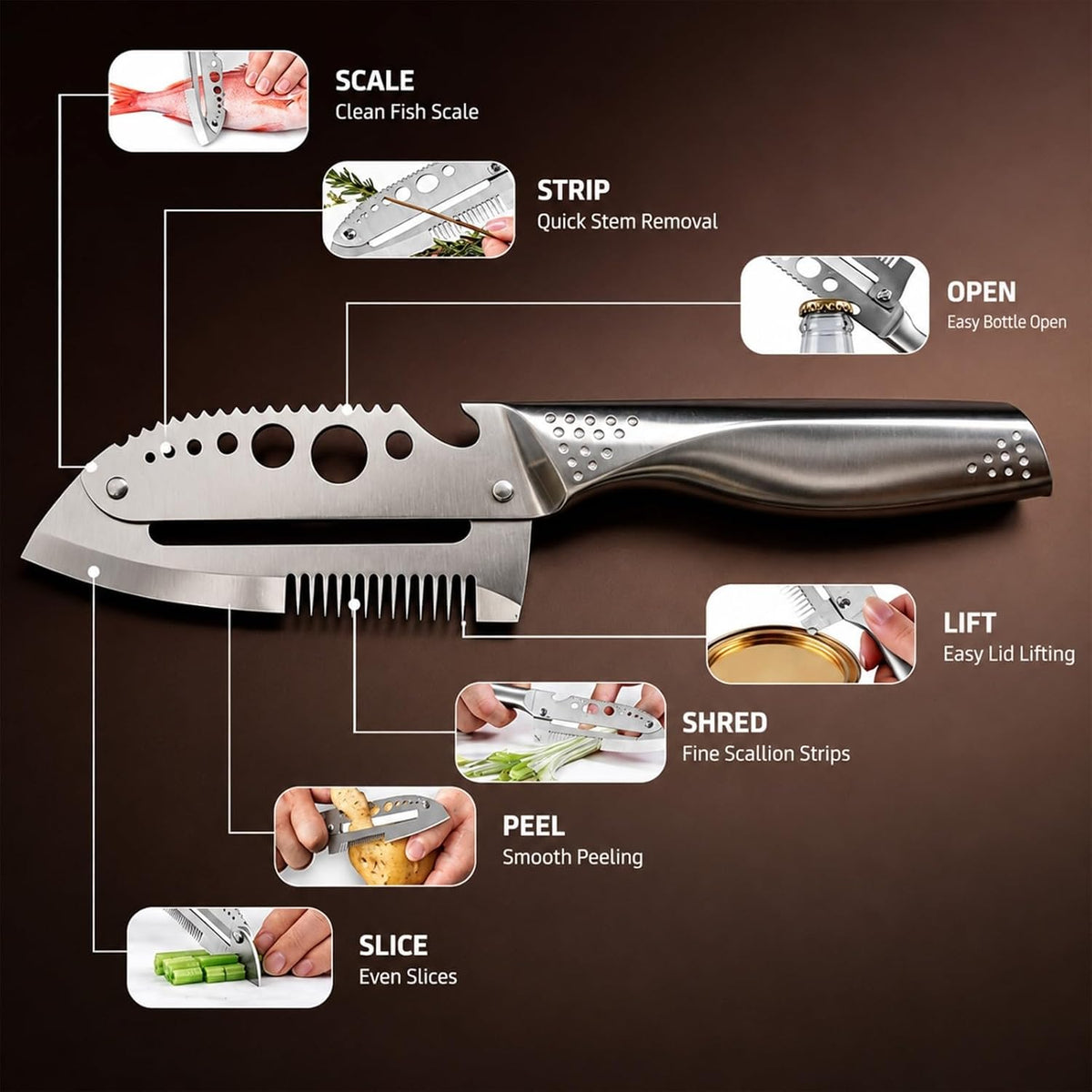 7 in 1 All Stainless Steel Multi Functional Vegetable Peeler for Kitchen, Smooth Potato Peeler with Herb Stripper, Scallion Shredder, Fish Scaler, Bottle Opner