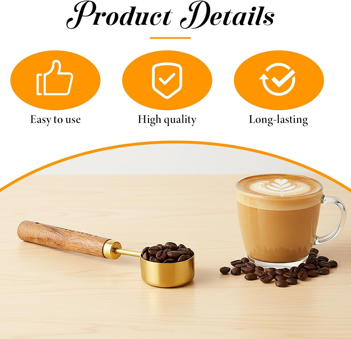 Gold Measuring Spoons Set of 4, Stainless Steel Coffee Measuring Scoop with Wooden Handles Teaspoon Measuring Cups for Coffee Tea Spices Cooking Baking