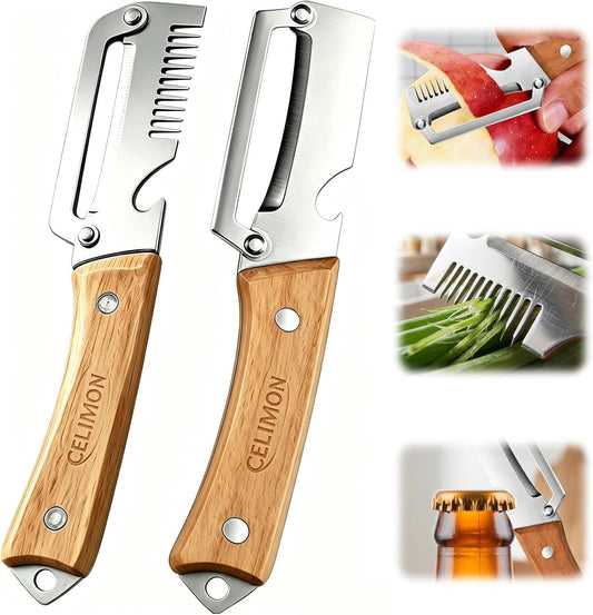 2Pcs multifunctional vegetable peeler, 2026 Upgrade peeler shredder,2.5mm stainless steel peeler With Scallion Shredder and Bottle Opener for Kitchen, Camping and Travel