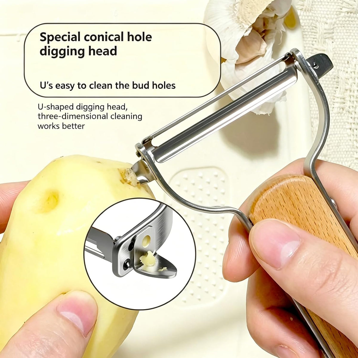 Large Y Veg Peeler, Wide Serrated Stainless Steel Blade Wood Handle