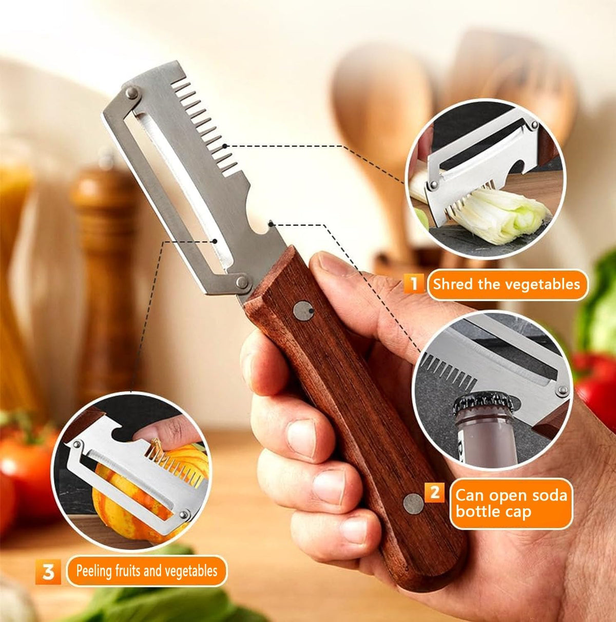 2 Pack Multi-Functional Vegetable Peeler, 3 in 1 Multi Functional Wooden Handle Peeler and Bottle Opener, Kitchen Gadgets Tool for Fruit Pumpkin Peeling Potato Carrot Veggie Peeler