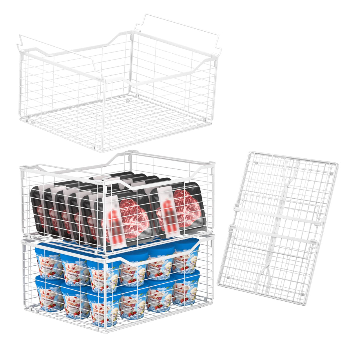 Freezer Organizer Bins,3 Pack Large Deep Freezer Organizer Bins for 5/7/10 Cu.FT Deep Freezer,Easy Access,Stackable & Sturdy,Black