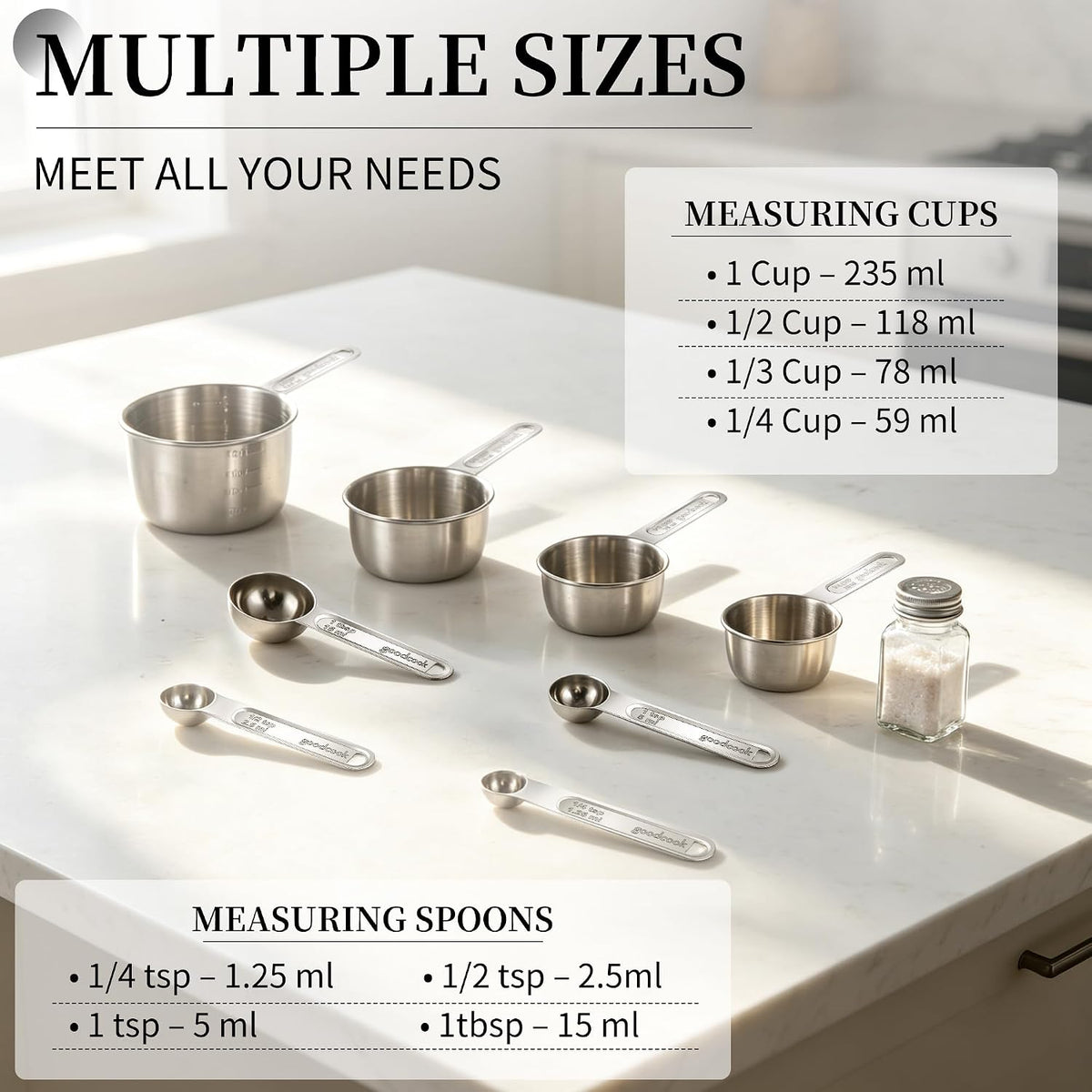 YC Kitchen Measuring Cups and Spoons Set, 8-Piece, Stainless Steel