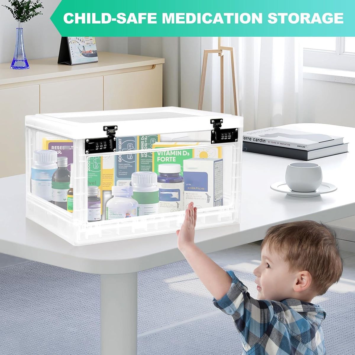 Large Medicine Lock Box with Dual 3-Digit Combination Locks, 24L Lockable Storage Box for Medication, Snacks, Phone, and Electronics - BPA-Free Organizer Bin for Home, Office, Fridge, and Safety